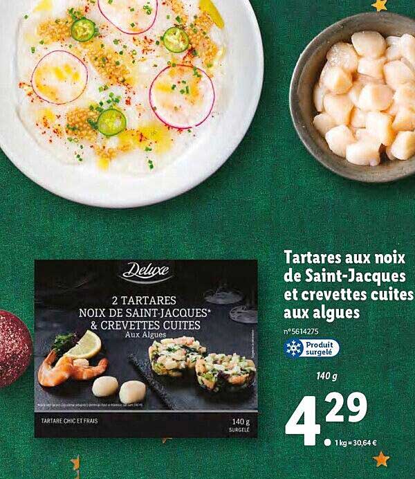 tartares aux noix de Saint-Jacques et crevettes cuites aux algues deluxe