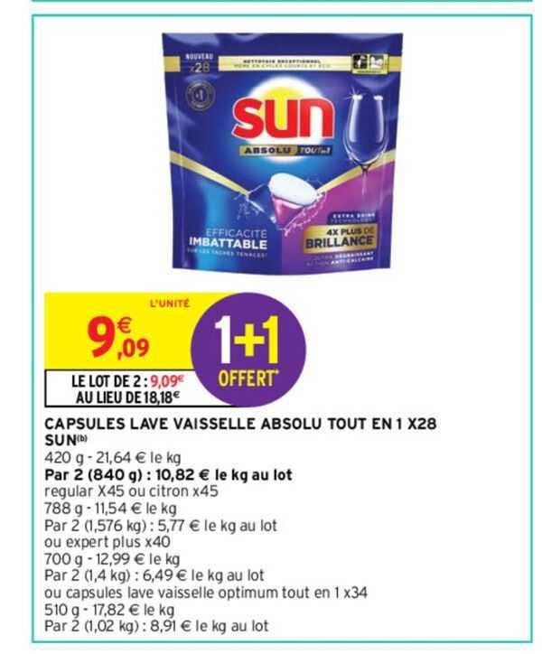 capsules lave vaisselle absolu tout en 1 x28 sun