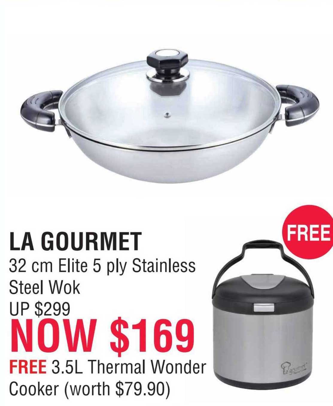 la gourmet 32 cm elite 5 ply stainless steel wok, 3.5l thermal wonder cooker