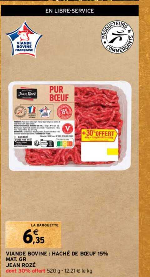 viande bovine : haché de bœuf 15% mat. gr. jean rozé