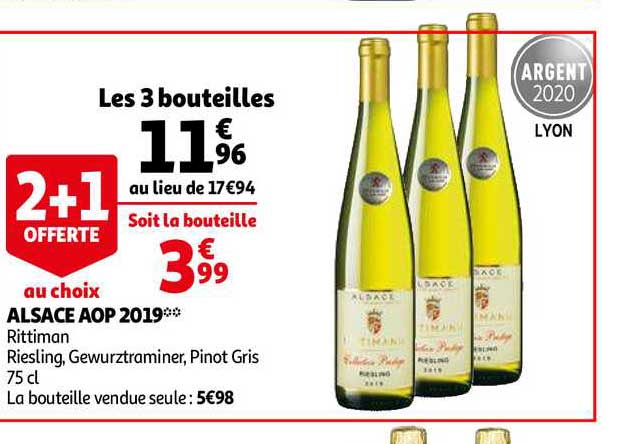 alsace aop 2019 rittiman riesling gewurztraminer pinot gris 2+1 offerte au choix