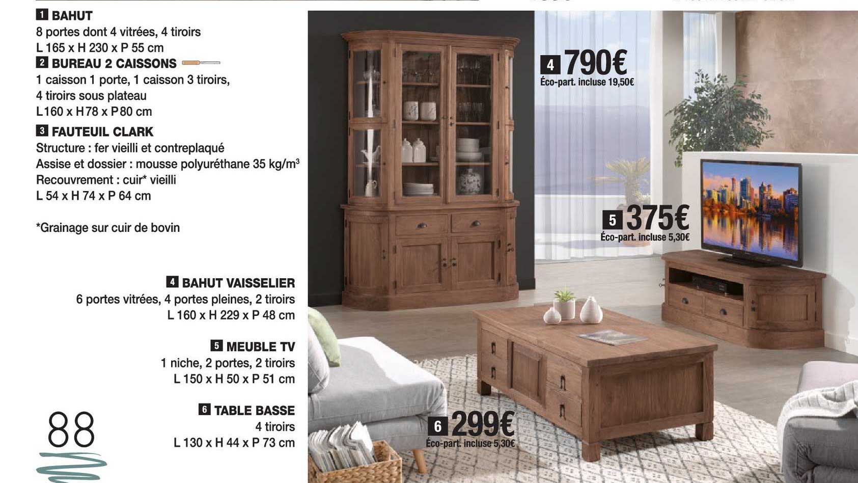 bahut, bureau 2 caissons, fauteuil clark, bahut vaisselier, meuble tv, table basse