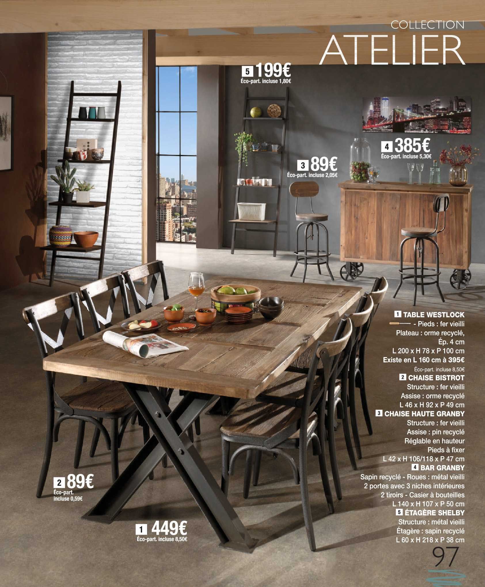 collection atelier : table westlock, chaise bistrot, chaise haute granby, bar granby, étagère shelby