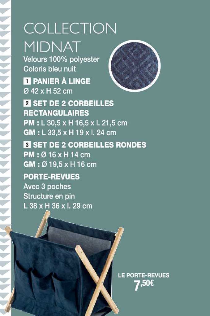 collection midnat : panier à linge, set de 2 corbeilles rectangulaires, set de 2 corbeilles rondes, porte-revues