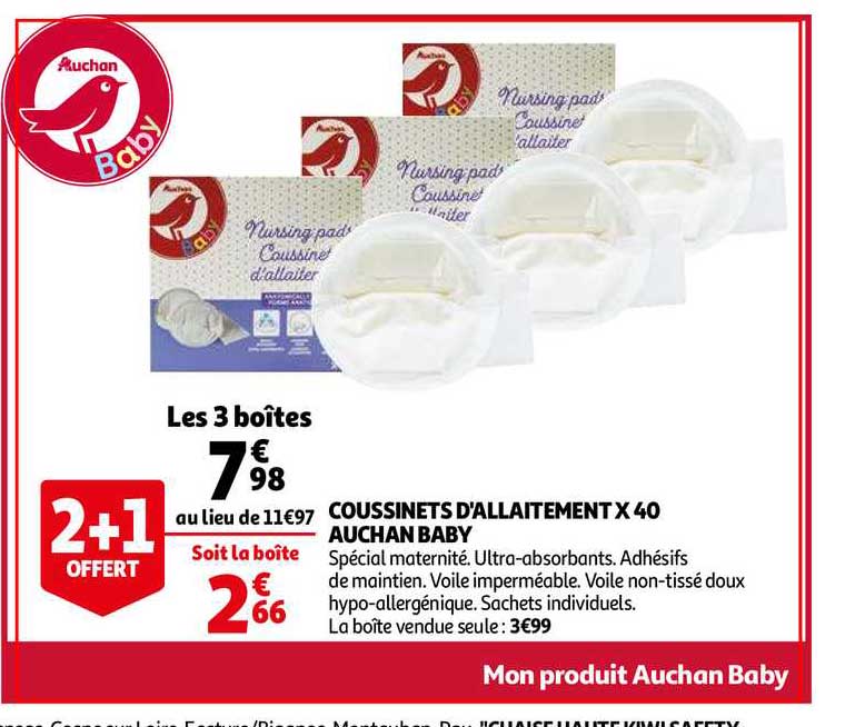 coussinets d'allaitement x40 auchan baby 2+1 offert