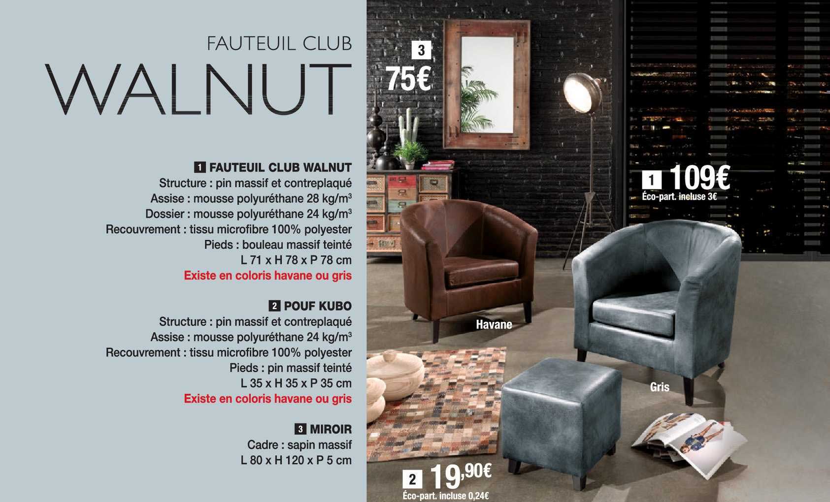fauteuil club walnut, pouf kubo, miroir
