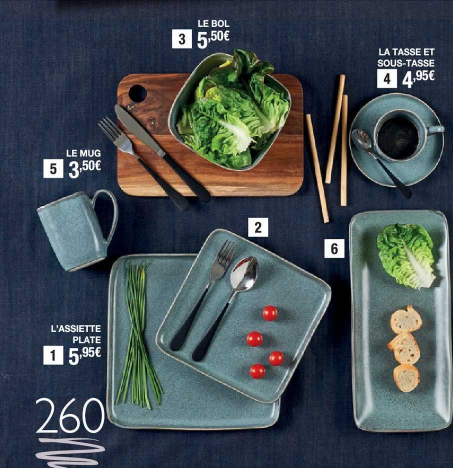 le bol, le mug, l'assiette plate, la tasse et sous-tasse