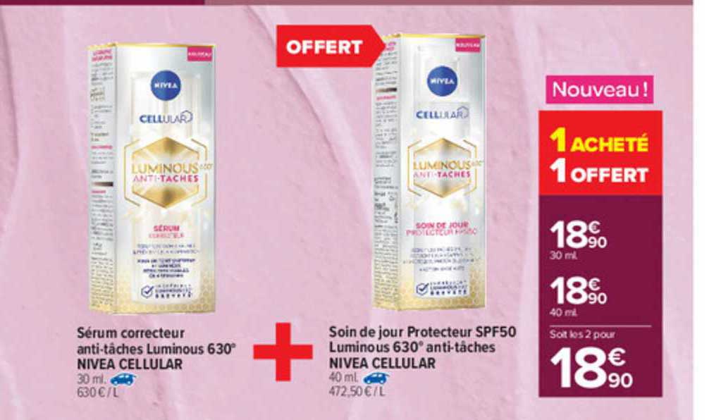 sérum correcteur anti-tâches luminous 630° nivea cellular, soin de jour protecteur spf50 luminous 630° anti-tâches nivea cellular