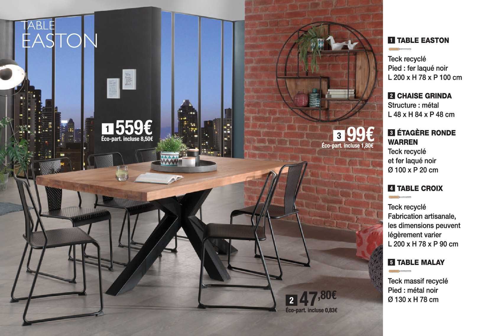 table easton : chaise grinda, étagère ronde warren, table croix, table malay