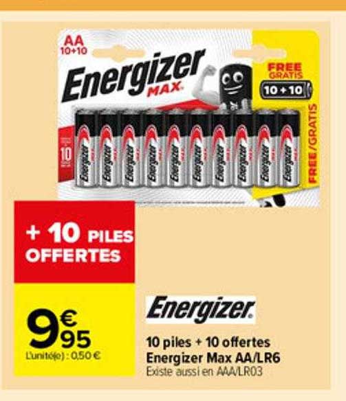 10 piles + 10 offertes energizer max aa-lr6