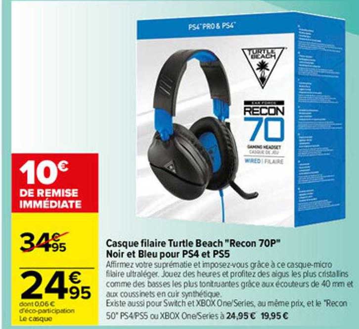 casque filaire turtle beach "recon 70p" noir et bleu pour ps4 et ps5