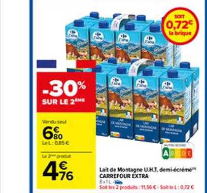 lait de montagne u.h.t. demi-écrémé carrefour extra