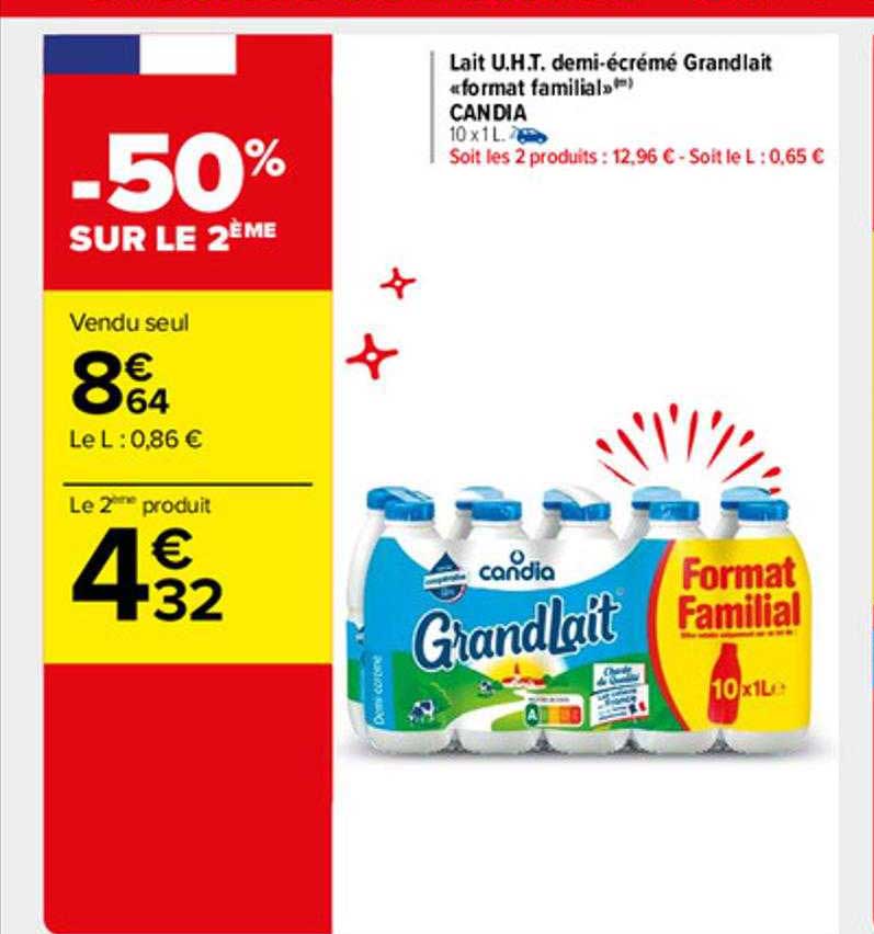 lait u.h.t. demi-écrémé grandlait «format familial» candia