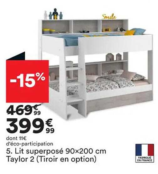 lit superposé 90 x 200 cm taylor 2 (tiroir en option)