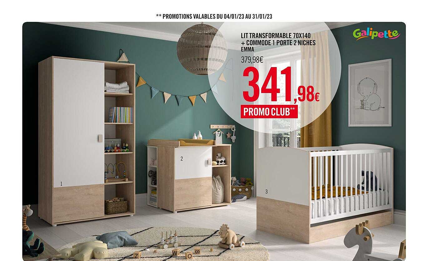 Lit Transformable 70 X 140 + Commode 1 Porte 2 Niches Emma Galipette