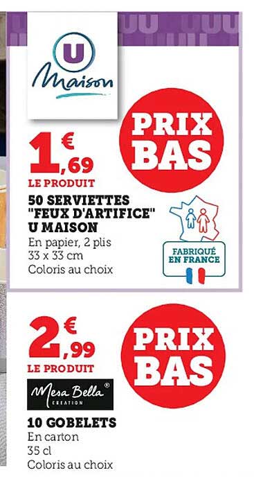 50 serviettes "feux d'artifice" u maison, 10 gobelets mesa bella création