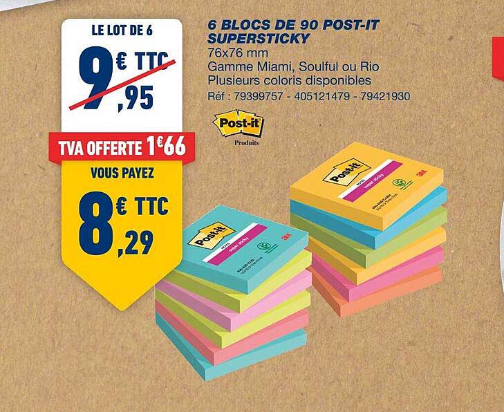 6 blocs de 90 post-it supersticky