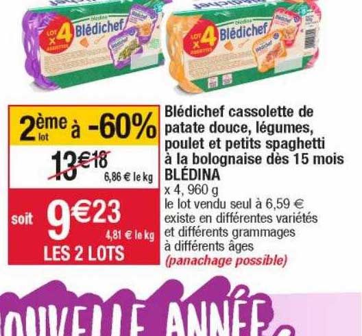 Blédichef Cassolette De Patate Douce, Légumes, Poulet Et Petits Spaghetti à La Bolognaise Dès 15 Mois Blédina