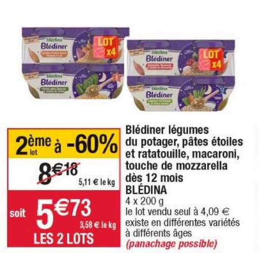 blédiner légumes du potager pâtes étoiles et ratatouille macaroni touche de mozzarella dès 12 mois blédina 2ème lot à -60%