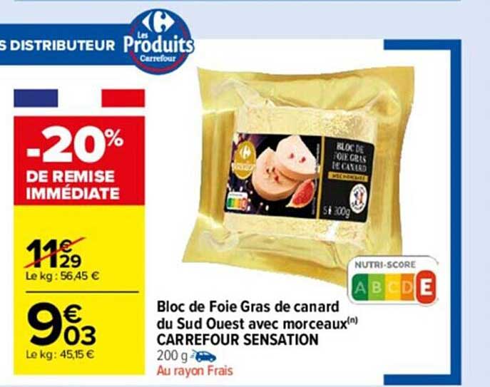 bloc de foie gras de canard du sud ouest avec morceaux carrefour sensation