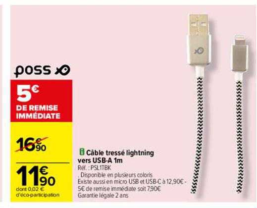câble tressé lightning vers usb-a 1m poss