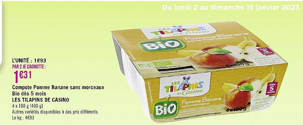 Compote Pomme Banane Sans Morceaux Bio Dès 5 Mois Les Tilapins De Casino