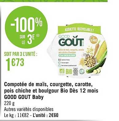 compotée de maïs, courgette, carotte, pois chiche et boulgour bio dès 12 mois good goût baby