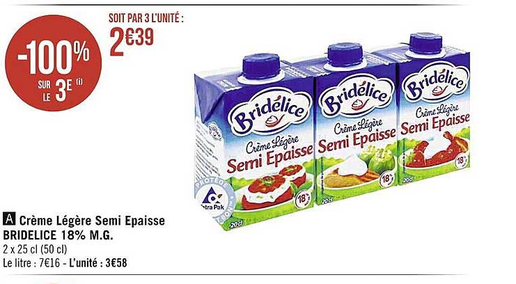 crème légère semi épaisse bridélice 18% m.g.