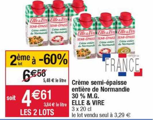 crème semi-épaisse entière de normandie 30% m.g. elle & vire