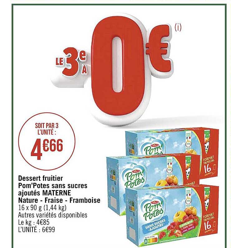 Dessert Fruitier Pom'potes Sans Sucres Ajoutés Materne Nature - Fraise - Framboise
