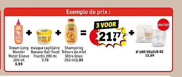 dream long wonder water elseve, masque capillaire banana hair food fructis, shampoing trésors de miel ultra doux