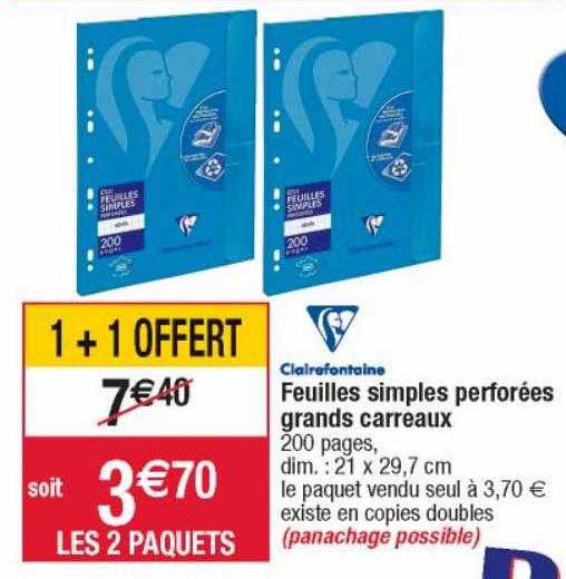 feuilles simples perforées grands carreaux 1+1 offert