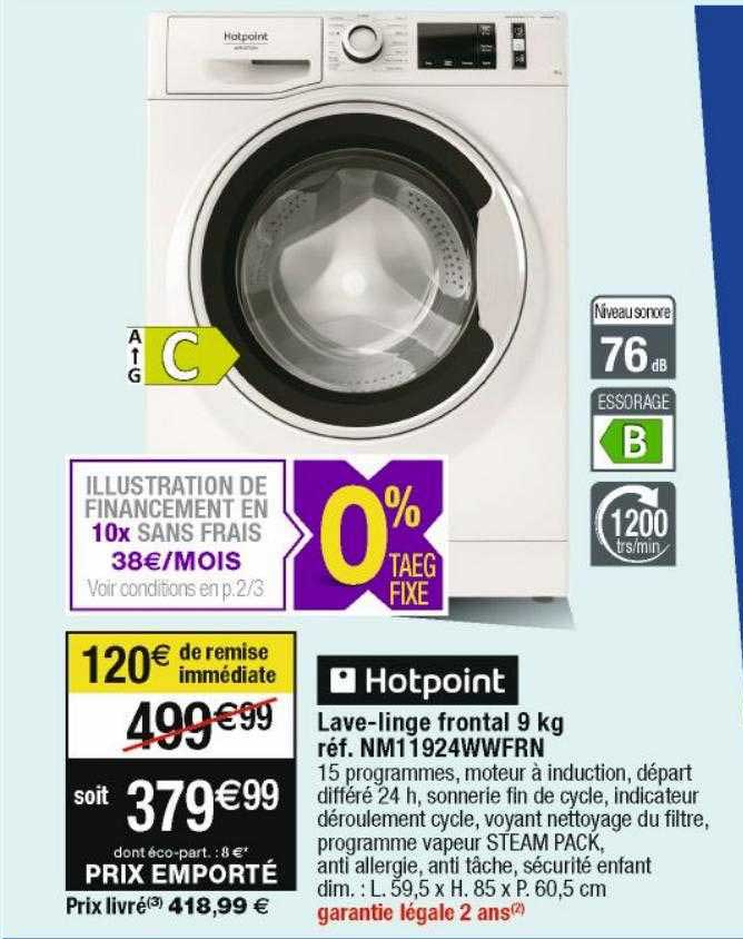 hotpoint lave-linge frontal 9kg nm1192wwfrn