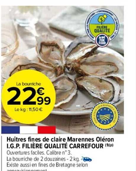 huîtres fines de claire marennes oléron i.g.p. filière qualité carrefour