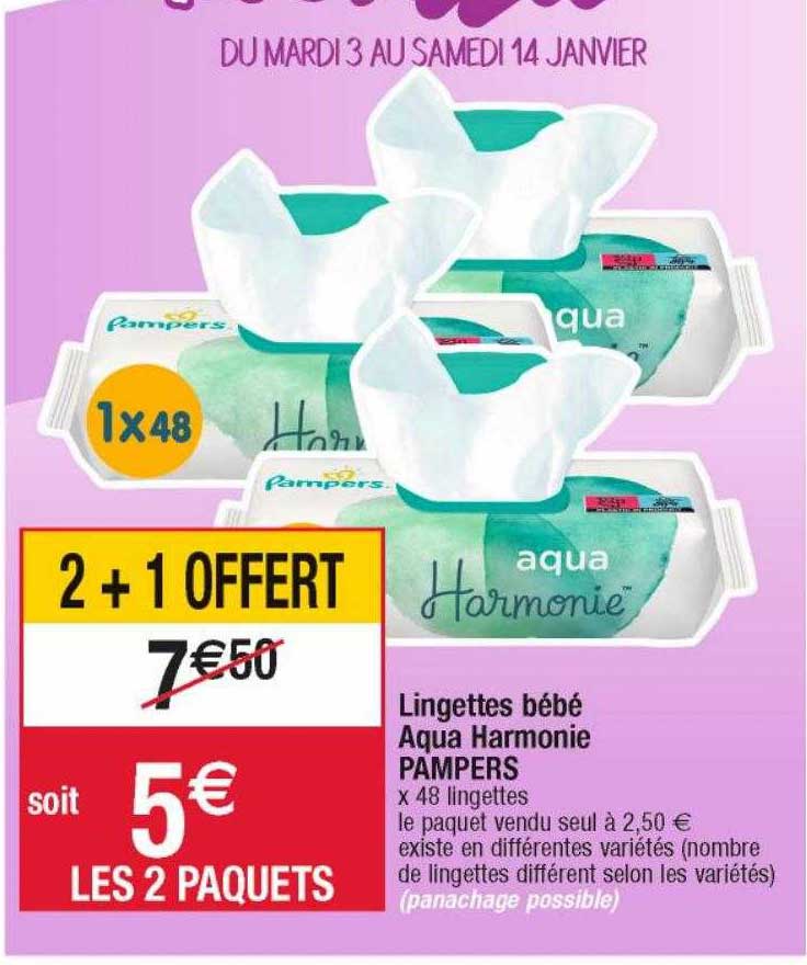Lingettes Bébé Aqua Harmonie Pampers 2+1 Offert