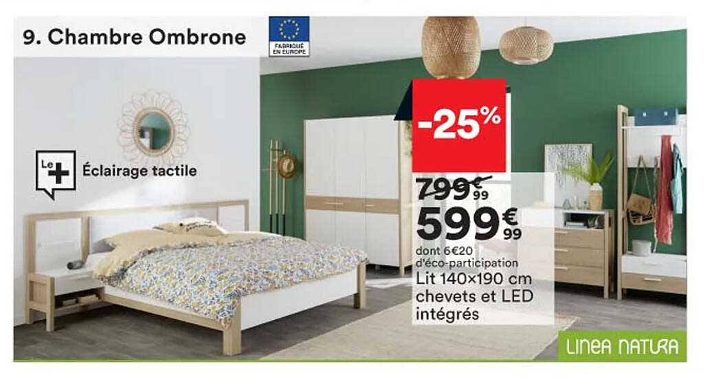 lit 140 x 190 cm chevets et led intégrés linea natura