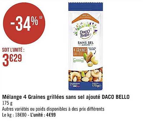 mélange 4 graines grillées sans sel ajouté daco bello
