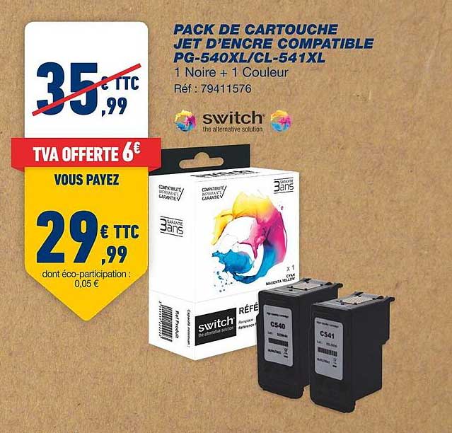 pack de cartouche jet d'encre compatible pg-540xl cl-541xl 1 noire + 1 couleur switch