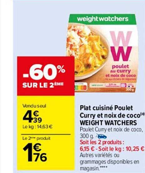 plat cuisiné poulet curry et noix de coco weight watchers
