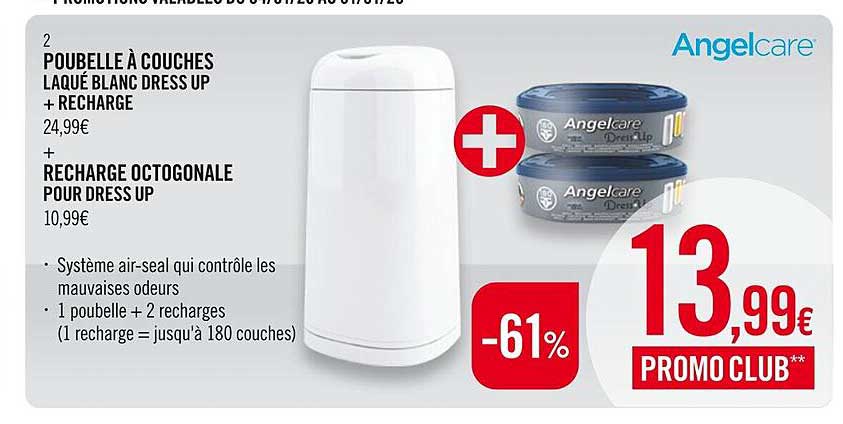 poubelle à couches laqué blanc dress up + rechange + recharge octogonale pour dress up angelcare