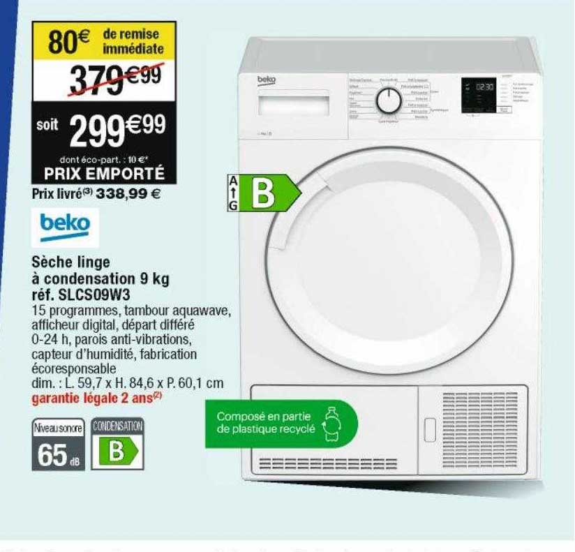 sèche-linge à condensation 9kg slcs09w3 beko