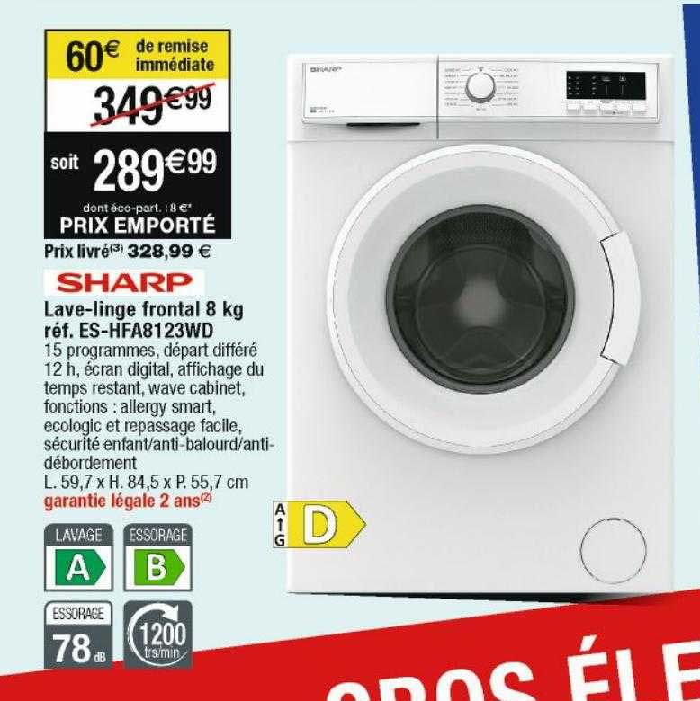 sharp lave-linge frontal 8 kg es-hfa8123wd