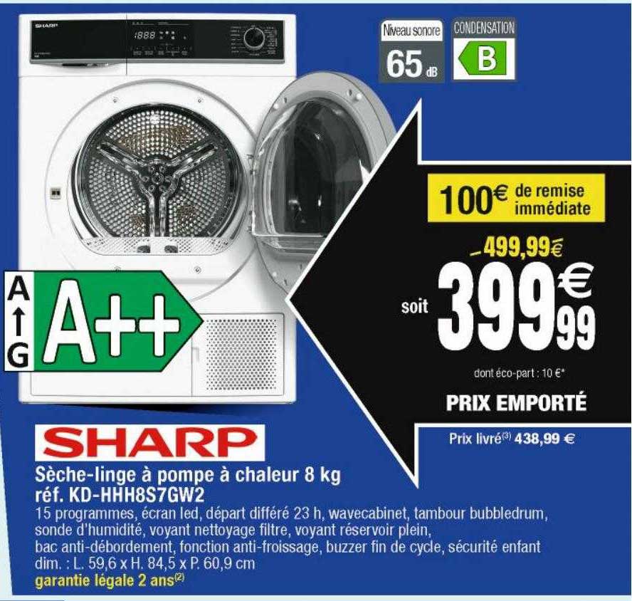 sharp sèche-linge à pompe à chaleur 8kg kd-hhh8s7gw2