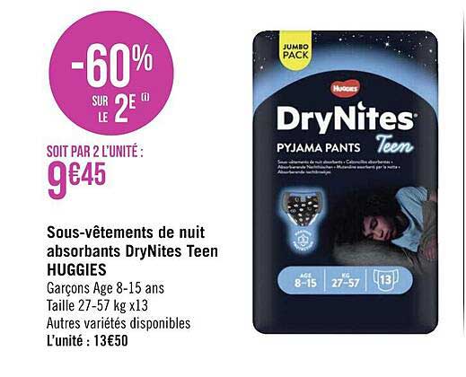 sous-vêtements de nuit absorbants dry nites teen huggies