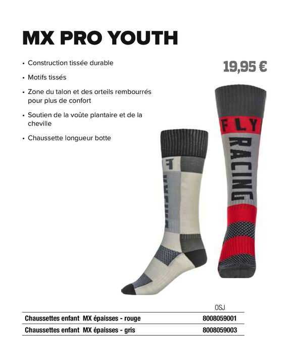 chaussettes enfant mx épaisses - rouge fly racing, chaussettes enfant mx épaisses - gris fly racing
