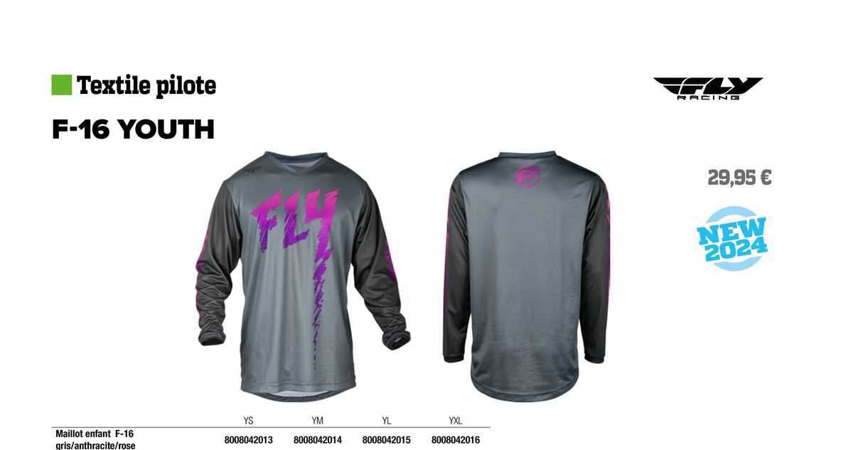 maillot enfant f-16 gris/anthracite/rose fly racing
