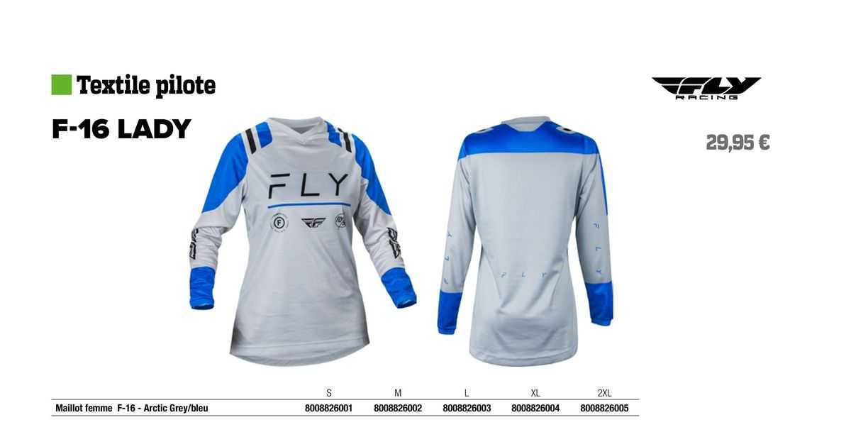 maillot femme f-16 - arctic grey/bleu fly racing