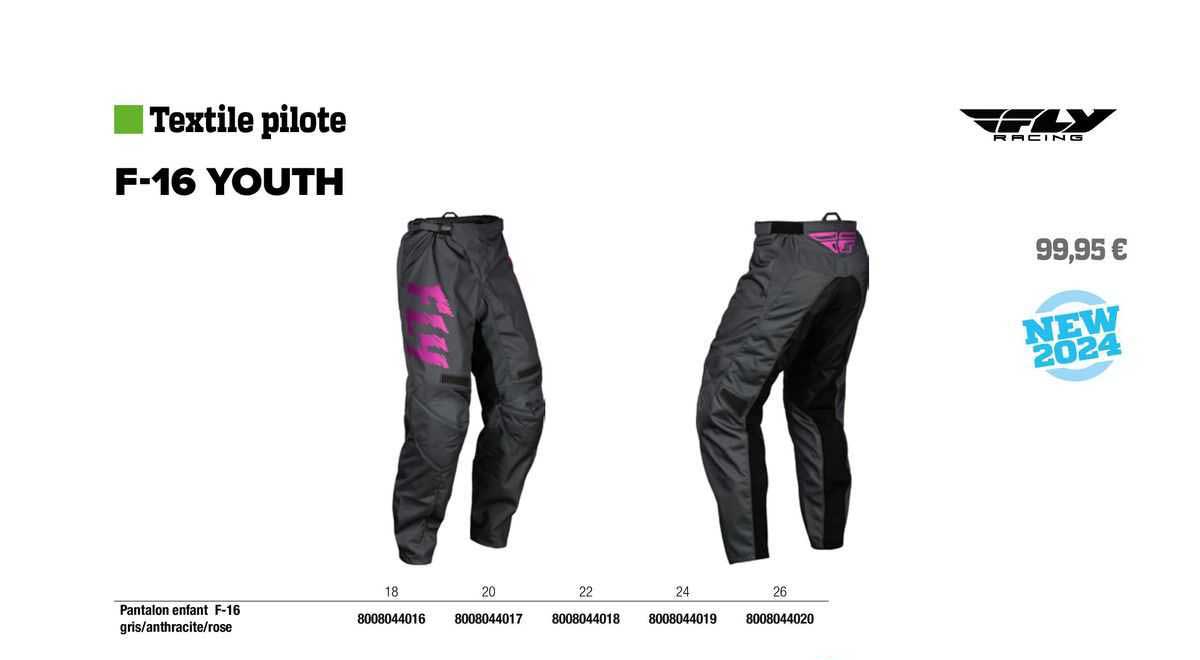 pantalon enfant f-16 gris/anthracite/rose fly racing