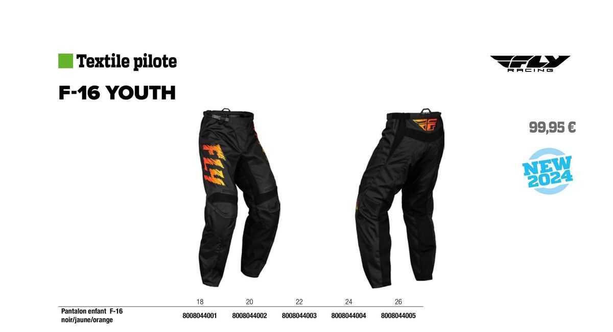 pantalon enfant f-16 noir/jaune/orange fly racing