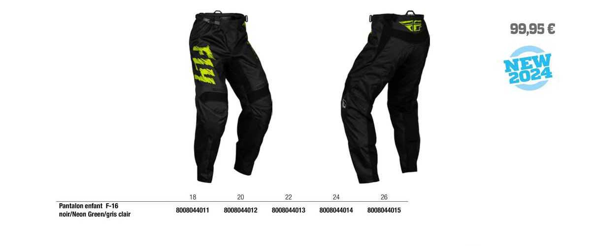 pantalon enfant f-16 noir/néon green/gris clair fly